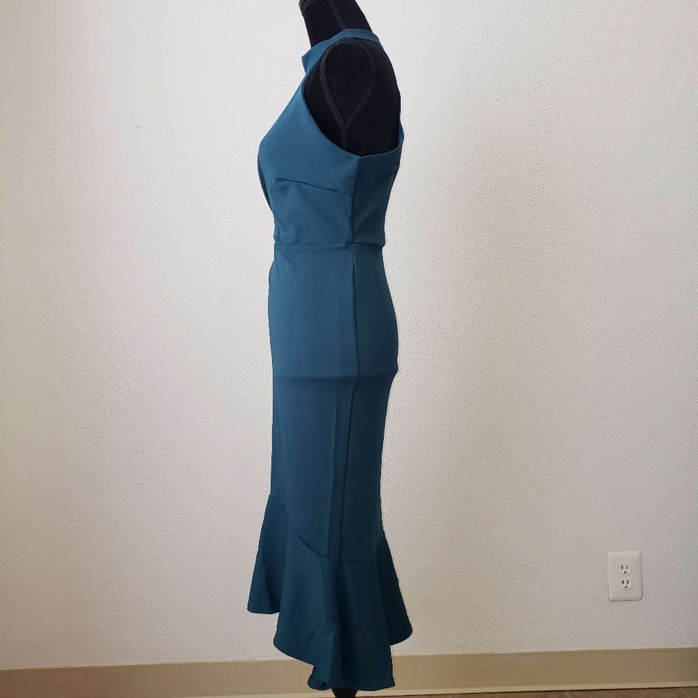 Plus Size Dark Teal High Neck Asymmetrical Dress - Picture 2 of 7